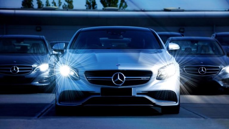 Car with bright headlights on